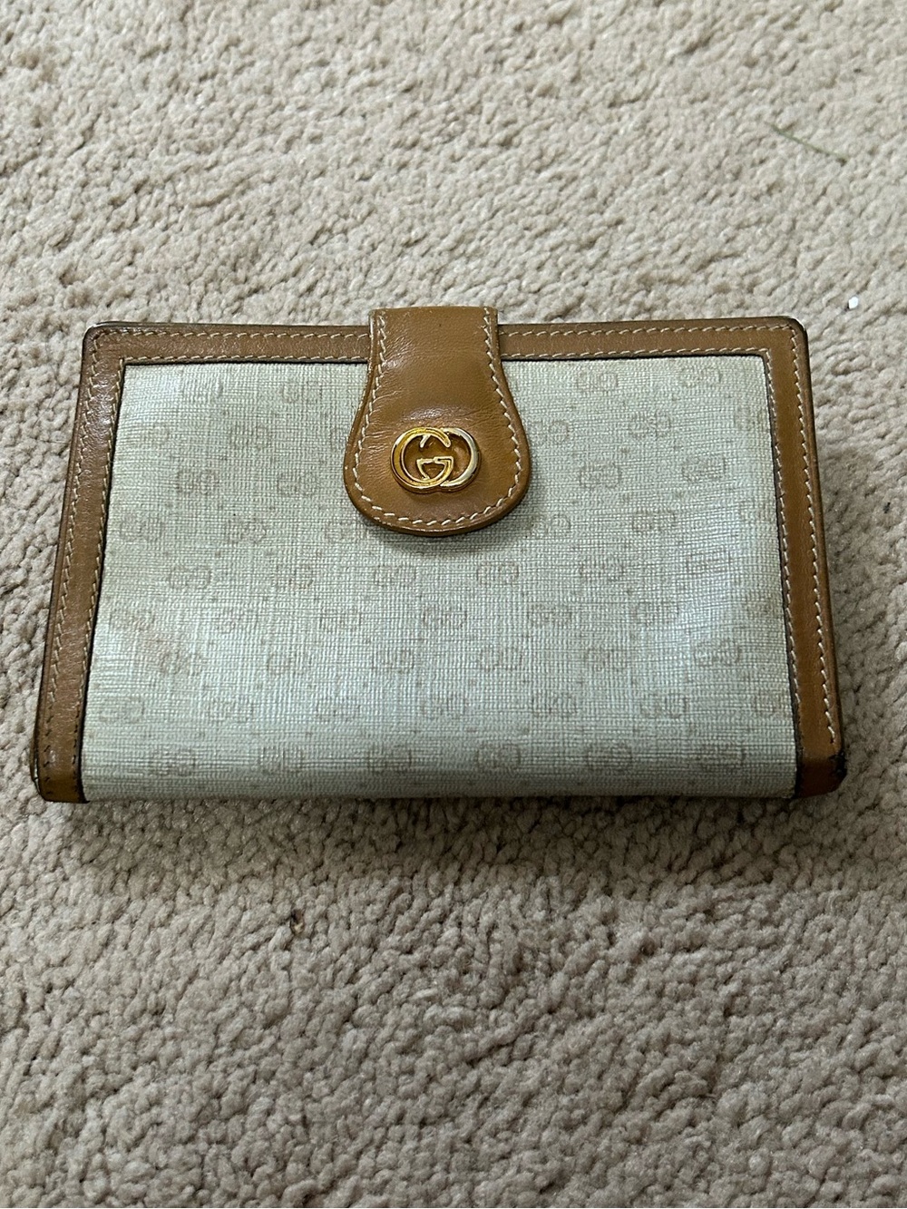 Vintage Gucci micro GG Cream Monogram Canvas Wallet with Tan Leather Trim